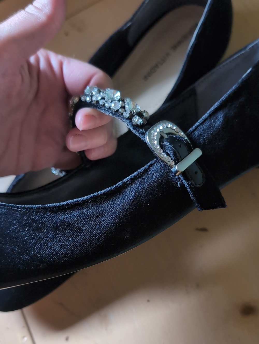 Adrienne Vittadini Aronni Black Velvet Crystal-Embellished Mary Jane Flats - Picture 3 of 9